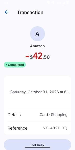 Transaction detail on Pixel (Android emulator)