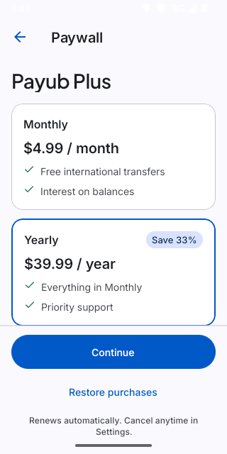 Paywall on Pixel (Android emulator)