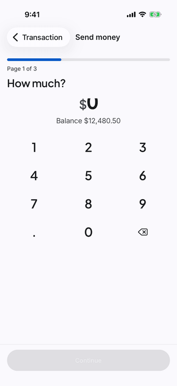 Send money on iPhone (iOS simulator)