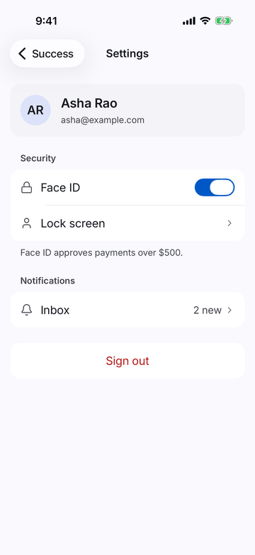 Settings on iPhone (iOS simulator)